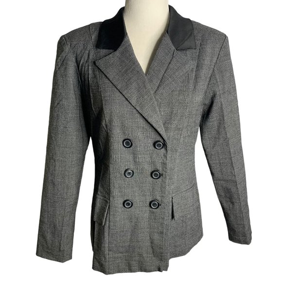 Vintage Dress Barn Skirt Suit Set 8 Black Check Double Breasted Satin Collar - Picture 2 of 10